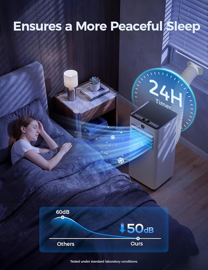 Quiet Portable Air Conditioner 10000 BTU, Cools Rooms up to 450 Sq. Ft, Dehumidifier & Fan Mode, Sleep Mode, 24-Hour Timer