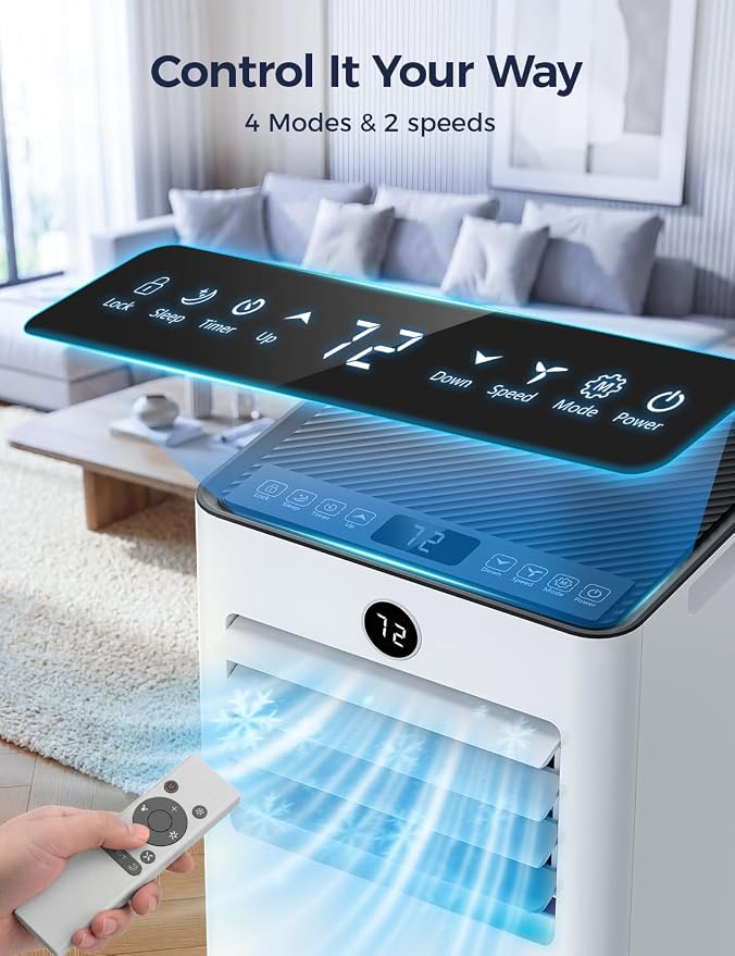 Quiet Portable Air Conditioner 10000 BTU, Cools Rooms up to 450 Sq. Ft, Dehumidifier & Fan Mode, Sleep Mode, 24-Hour Timer