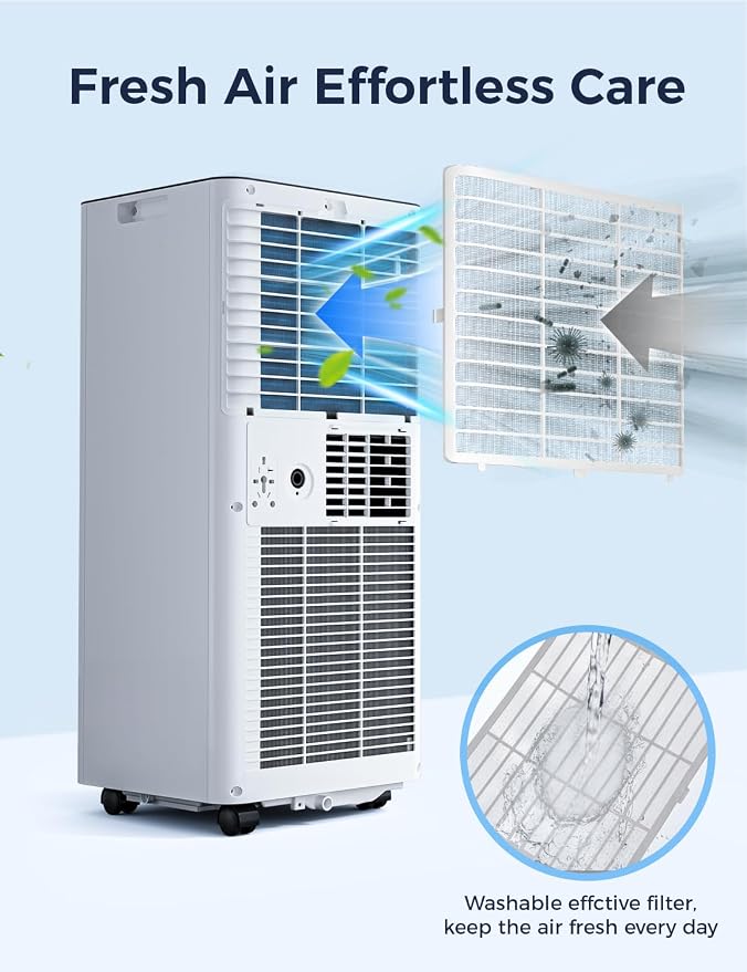 Quiet Portable Air Conditioner 10000 BTU, Cools Rooms up to 450 Sq. Ft, Dehumidifier & Fan Mode, Sleep Mode, 24-Hour Timer