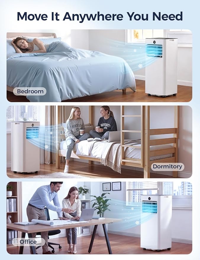 Quiet Portable Air Conditioner 10000 BTU, Cools Rooms up to 450 Sq. Ft, Dehumidifier & Fan Mode, Sleep Mode, 24-Hour Timer