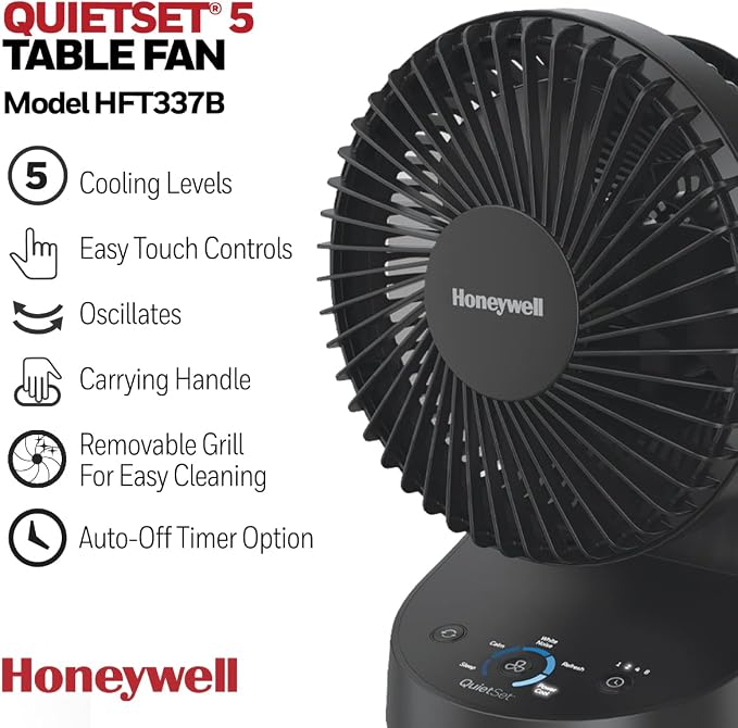QuietSet 5 Oscillating Table Fan, Black – Personal and Small Room Fan with Quiet Operation and 5 Levels of Power and Sound