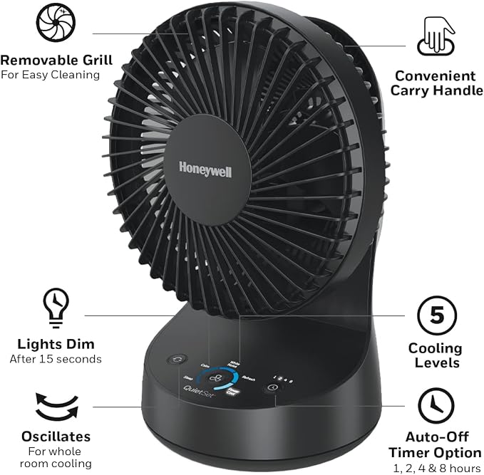QuietSet 5 Oscillating Table Fan, Black – Personal and Small Room Fan with Quiet Operation and 5 Levels of Power and Sound