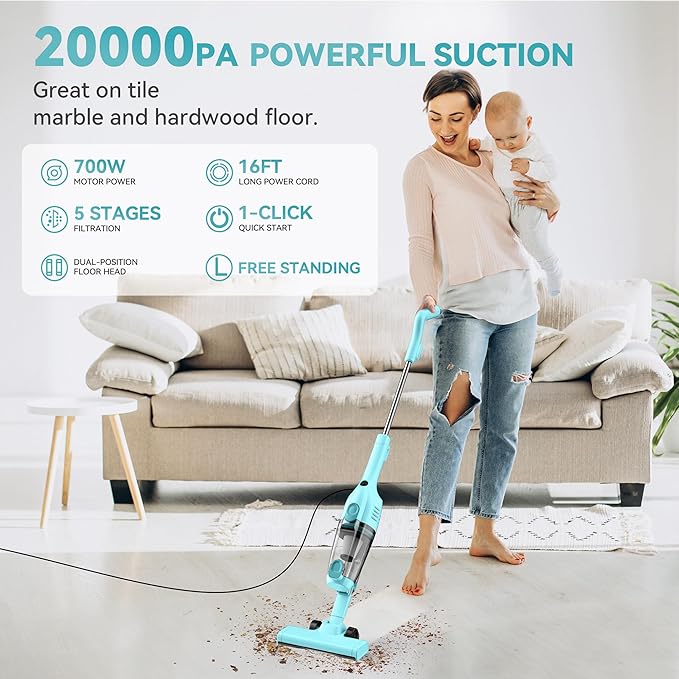 R6X Corded Stick Vacuum Cleaners for Home, 20Kpa Powerful Suction Stick Vacuum with 16Ft Cord, 2 in 1 Lightweight Vacuum