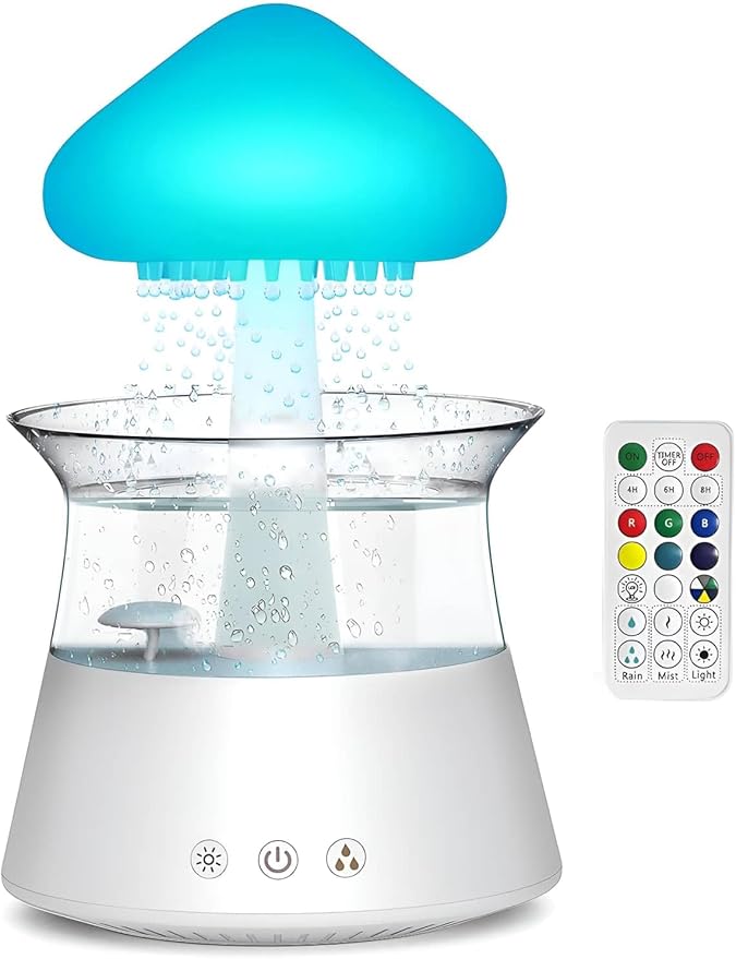 Rain Cloud Mushroom Humidifier Lamp – Soothing Waterfall Night Light with Rain Sounds, & Relaxation Desk Lamp, Ideal Gift for