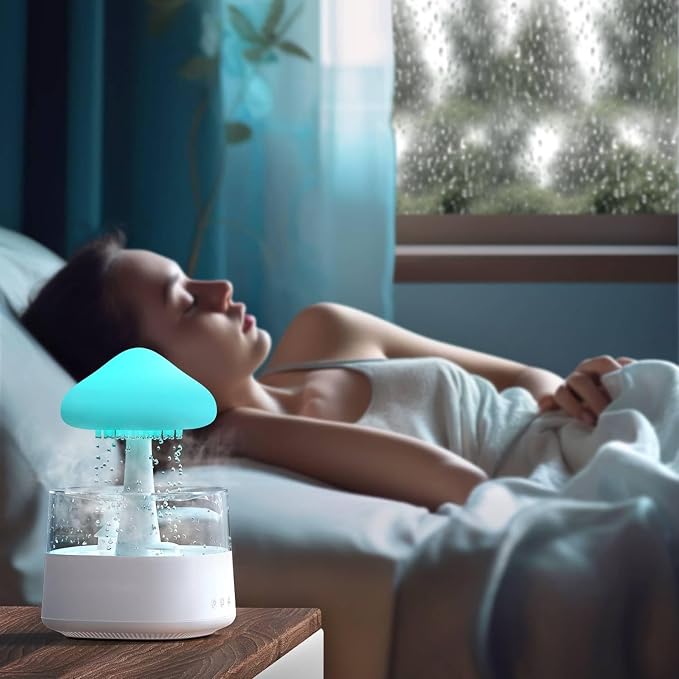 Rain Cloud Mushroom Humidifier Lamp – Soothing Waterfall Night Light with Rain Sounds, & Relaxation Desk Lamp, Ideal Gift for