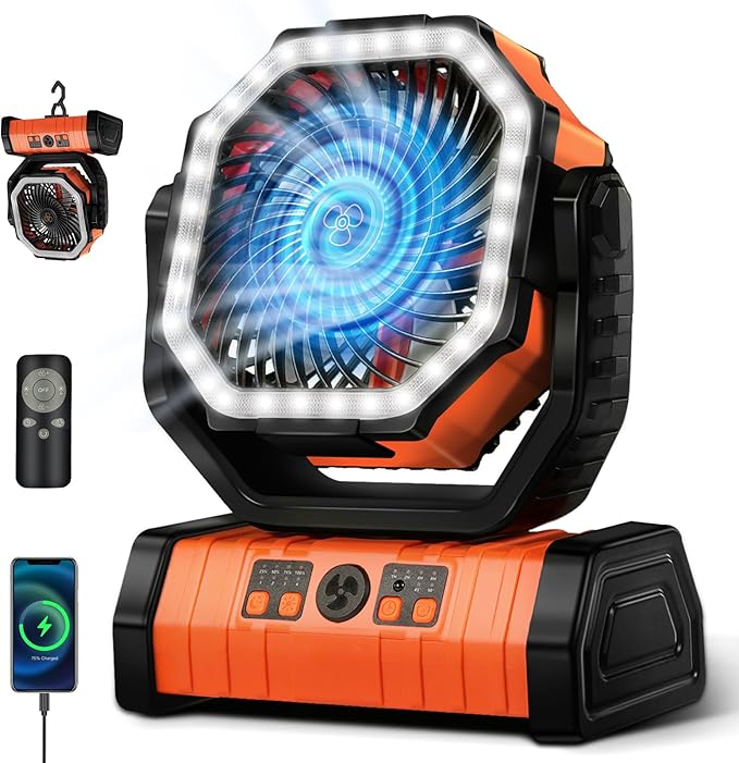Rechargeable Battery Powered Fan, 20000mAh Portable Camping Fan with 360° Adjustable Head, 4 Speeds & LED Light, Quiet