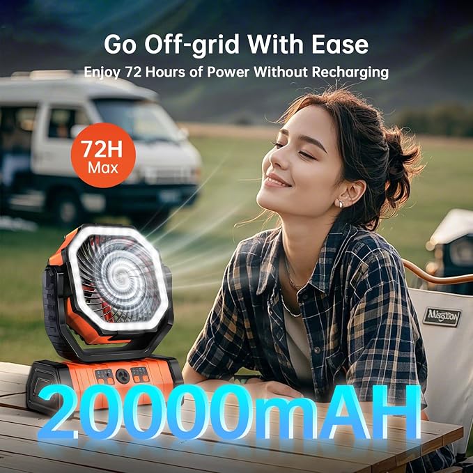 Rechargeable Battery Powered Fan, 20000mAh Portable Camping Fan with 360° Adjustable Head, 4 Speeds & LED Light, Quiet