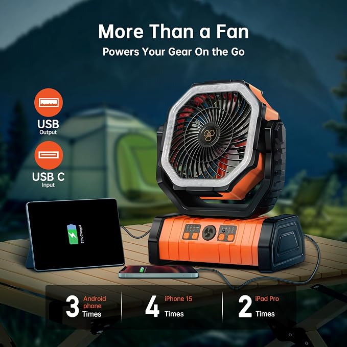 Rechargeable Battery Powered Fan, 20000mAh Portable Camping Fan with 360° Adjustable Head, 4 Speeds & LED Light, Quiet