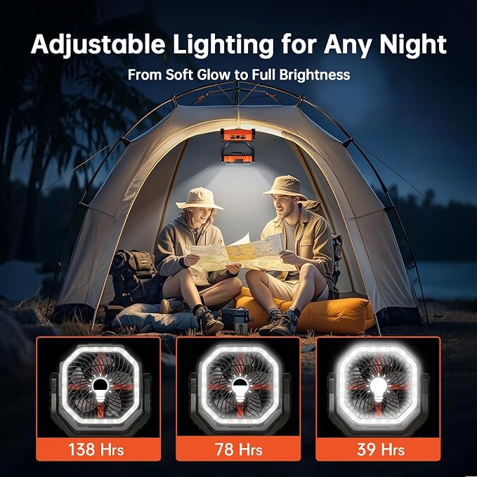 Rechargeable Battery Powered Fan, 20000mAh Portable Camping Fan with 360° Adjustable Head, 4 Speeds & LED Light, Quiet