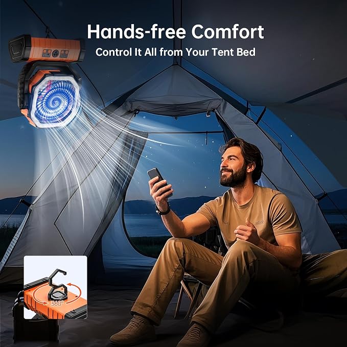 Rechargeable Battery Powered Fan, 20000mAh Portable Camping Fan with 360° Adjustable Head, 4 Speeds & LED Light, Quiet