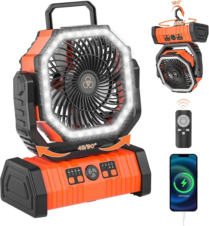 Rechargeable Camping Fan with LED Lantern, 20000mAh Auto-Oscillating Battery Operated with Remote/Hook/Timer, 8” Portable Fan