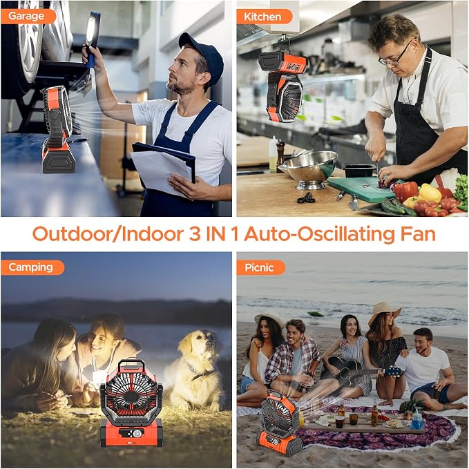 Rechargeable Camping Fan with LED Lantern, 20000mAh Auto-Oscillating Battery Operated with Remote/Hook/Timer, 8” Portable Fan
