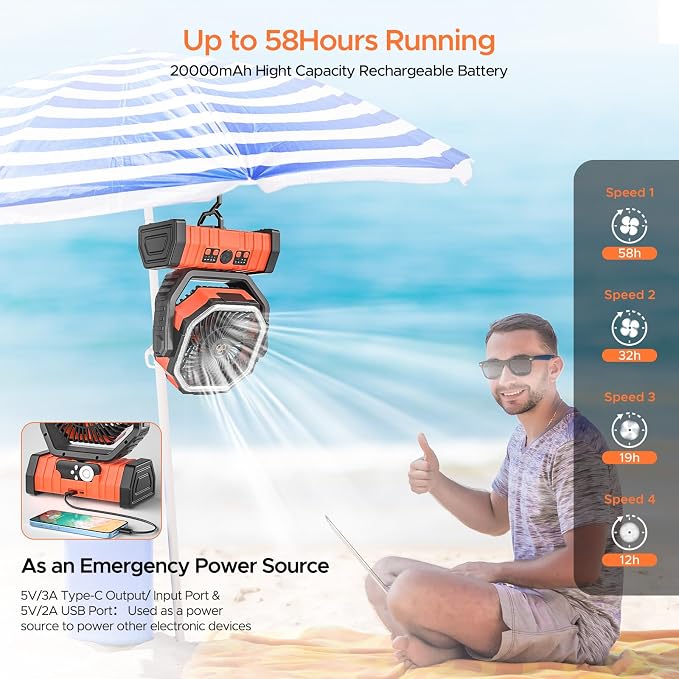Rechargeable Camping Fan with LED Lantern, 20000mAh Auto-Oscillating Battery Operated with Remote/Hook/Timer, 8” Portable Fan
