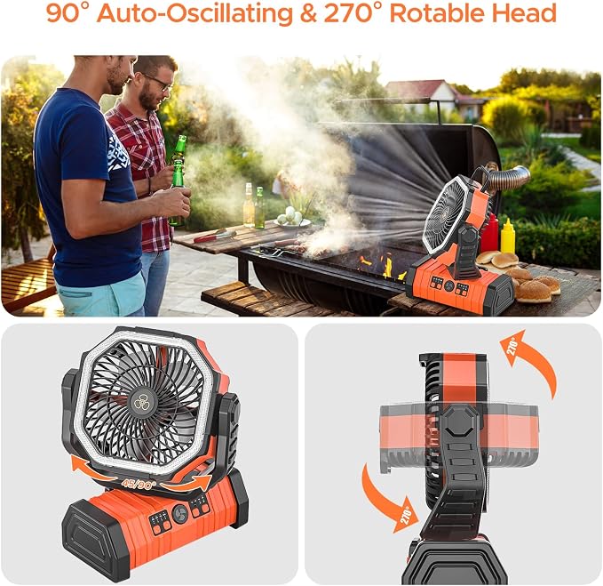 Rechargeable Camping Fan with LED Lantern, 20000mAh Auto-Oscillating Battery Operated with Remote/Hook/Timer, 8” Portable Fan