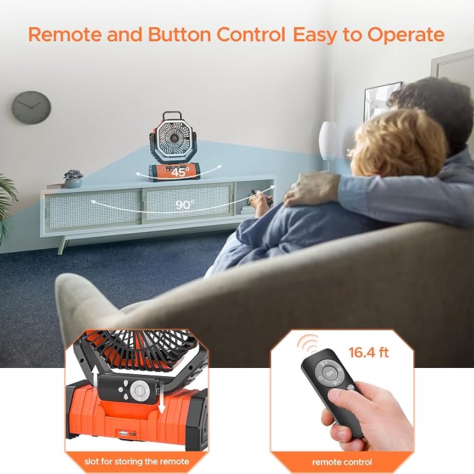 Rechargeable Camping Fan with LED Lantern, 20000mAh Auto-Oscillating Battery Operated with Remote/Hook/Timer, 8” Portable Fan