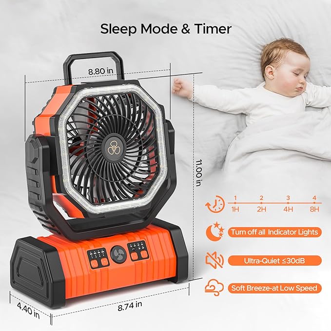 Rechargeable Camping Fan with LED Lantern, 20000mAh Auto-Oscillating Battery Operated with Remote/Hook/Timer, 8” Portable Fan