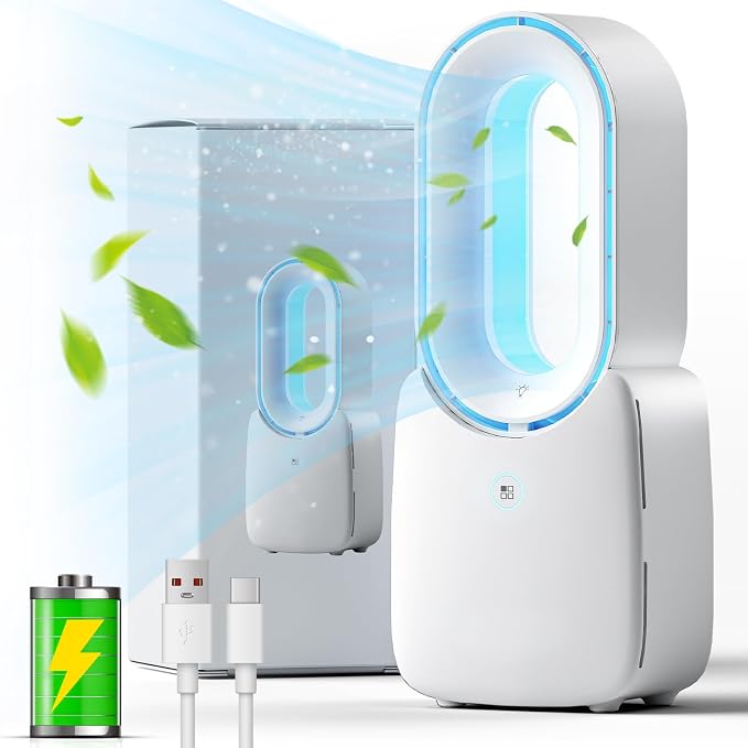 Rechargeable Desk Fan, 5-color LED Light Bladeless Table Fan of 11.8 Inch, White Desk Fans Small Quiet for Bedroom, Home