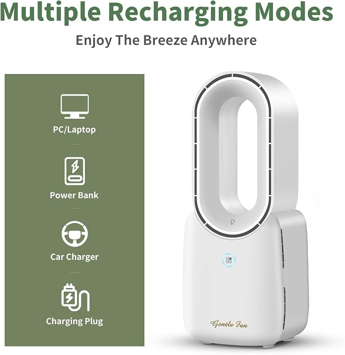 Rechargeable Desk Fan, 5-color LED Light Bladeless Table Fan of 11.8 Inch, White Desk Fans Small Quiet for Bedroom, Home