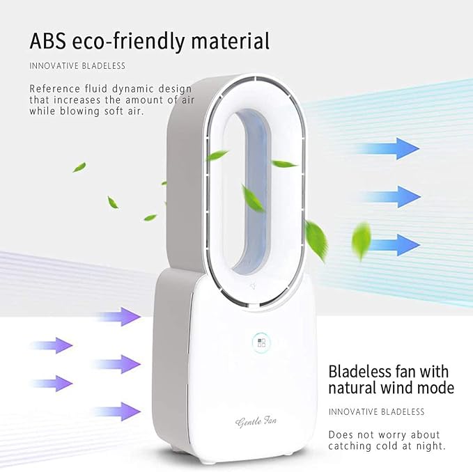 Rechargeable Desk Fan, 5-color LED Light Bladeless Table Fan of 11.8 Inch, White Desk Fans Small Quiet for Bedroom, Home