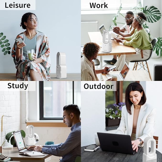 Rechargeable Desk Fan, 5-color LED Light Bladeless Table Fan of 11.8 Inch, White Desk Fans Small Quiet for Bedroom, Home