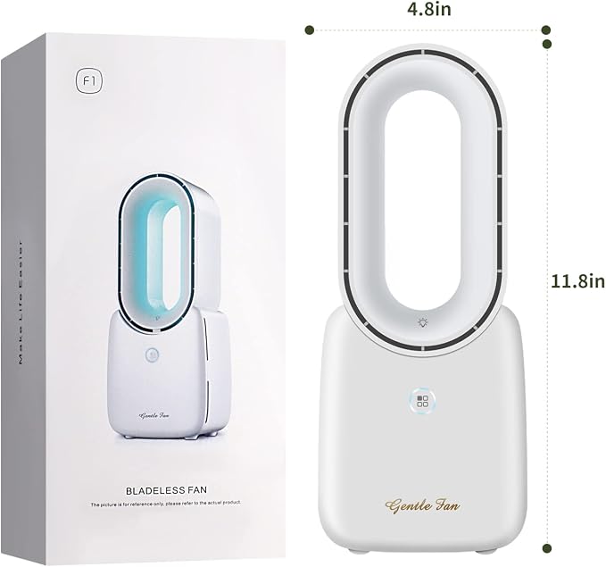 Rechargeable Desk Fan, 5-color LED Light Bladeless Table Fan of 11.8 Inch, White Desk Fans Small Quiet for Bedroom, Home