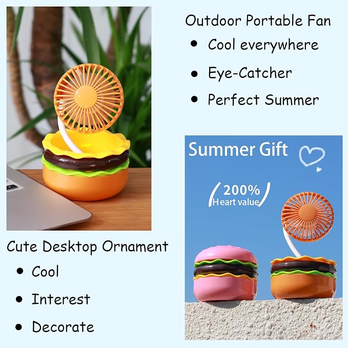 Rechargeable Hamburger Desk Fan With Mirror 3 Inch Small Mini Cute Desk Fan Powerful 3 Speeds 360° Rotate USB Personal