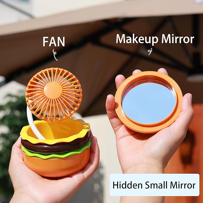 Rechargeable Hamburger Desk Fan With Mirror 3 Inch Small Mini Cute Desk Fan Powerful 3 Speeds 360° Rotate USB Personal