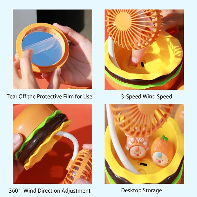 Rechargeable Hamburger Desk Fan With Mirror 3 Inch Small Mini Cute Desk Fan Powerful 3 Speeds 360° Rotate USB Personal