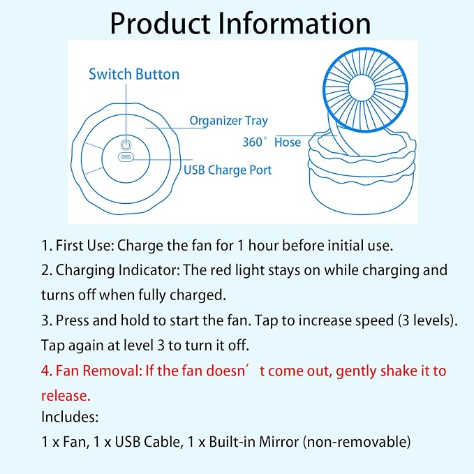 Rechargeable Hamburger Desk Fan With Mirror 3 Inch Small Mini Cute Desk Fan Powerful 3 Speeds 360° Rotate USB Personal
