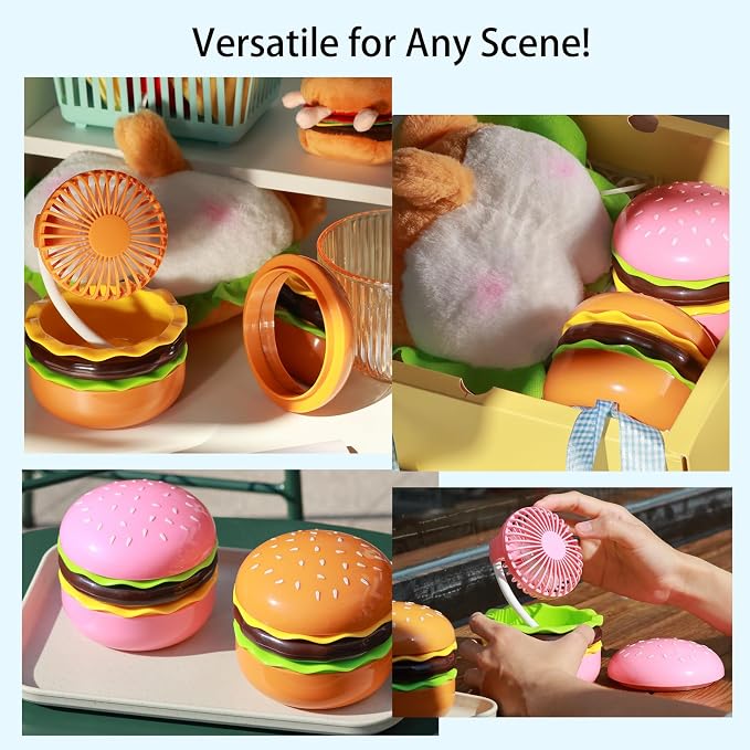 Rechargeable Hamburger Desk Fan With Mirror 3 Inch Small Mini Cute Desk Fan Powerful 3 Speeds 360° Rotate USB Personal