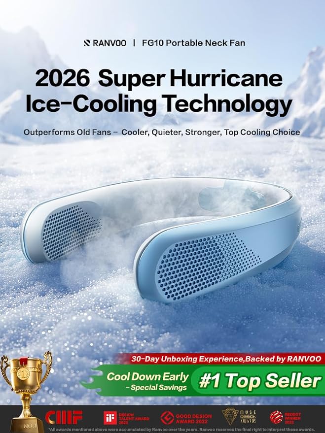 Rechargeable Neck Fan, Industry’s Powerful Airflow, 360° Blow Cold Air with 16H Battery, 120° Foldable & Ultralight, Best