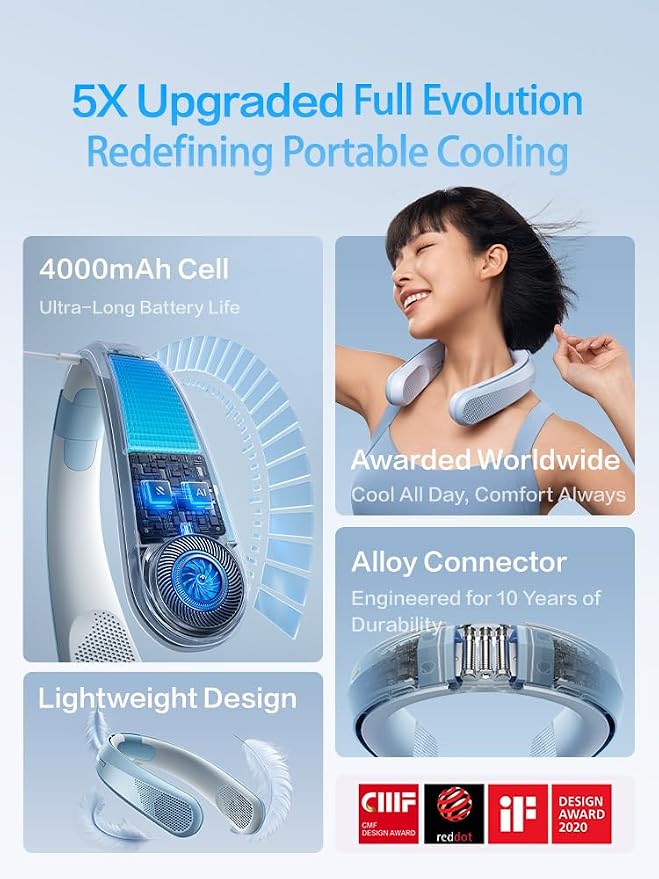 Rechargeable Neck Fan, Industry’s Powerful Airflow, 360° Blow Cold Air with 16H Battery, 120° Foldable & Ultralight, Best