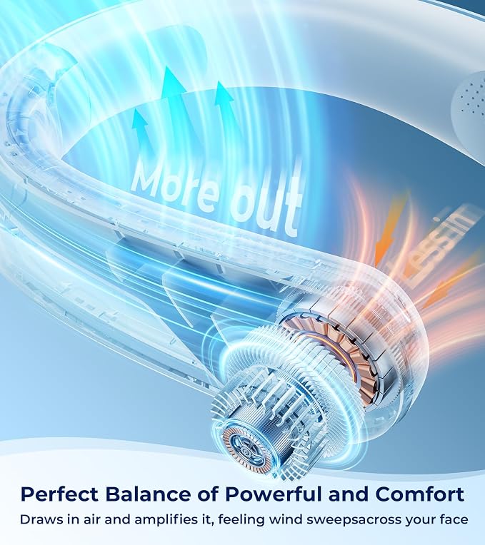 Rechargeable Neck Fan, Industry’s Powerful Airflow, 360° Blow Cold Air with 16H Battery, 120° Foldable & Ultralight, Best
