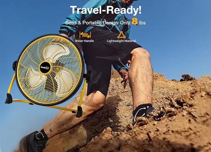 Rechargeable Outdoor High Velocity Camping Floor Fan, 16” Portable Battery Operated Fan with Metal Blade for Garage Camping