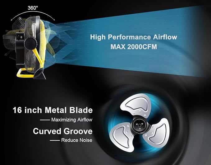 Rechargeable Outdoor High Velocity Camping Floor Fan, 16” Portable Battery Operated Fan with Metal Blade for Garage Camping