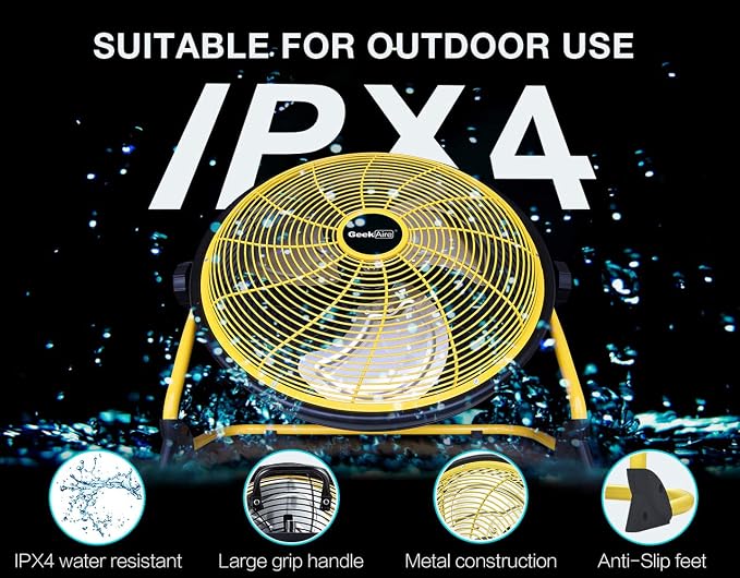 Rechargeable Outdoor High Velocity Camping Floor Fan, 16” Portable Battery Operated Fan with Metal Blade for Garage Camping