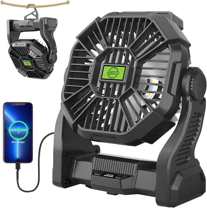 Rechargeable Portable Camping Fan for Tent with LED Light, 270°Pivot USB Personal Battery Powered Fan Outdoor Camping