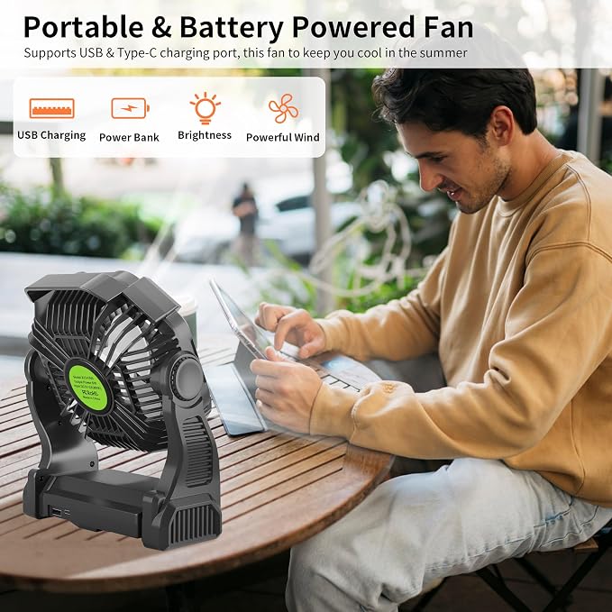 Rechargeable Portable Camping Fan for Tent with LED Light, 270°Pivot USB Personal Battery Powered Fan Outdoor Camping