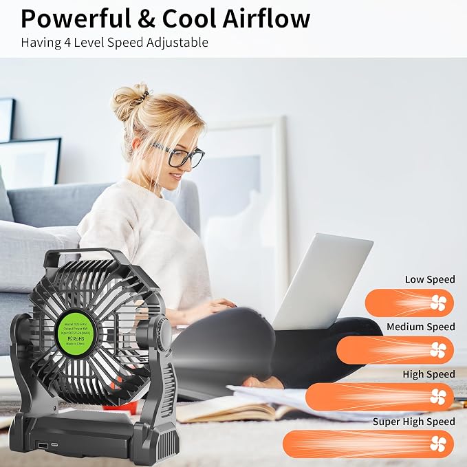 Rechargeable Portable Camping Fan for Tent with LED Light, 270°Pivot USB Personal Battery Powered Fan Outdoor Camping