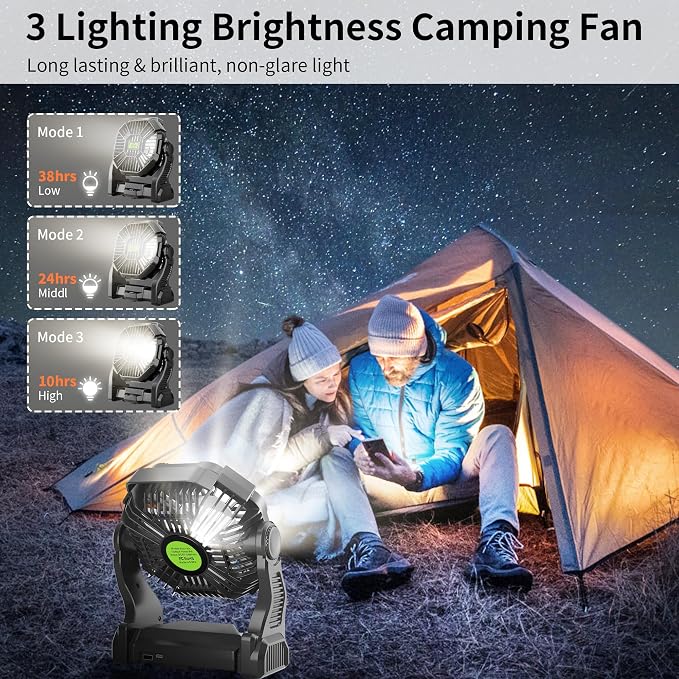 Rechargeable Portable Camping Fan for Tent with LED Light, 270°Pivot USB Personal Battery Powered Fan Outdoor Camping