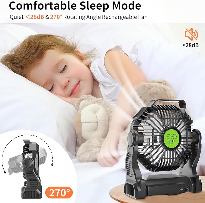 Rechargeable Portable Camping Fan for Tent with LED Light, 270°Pivot USB Personal Battery Powered Fan Outdoor Camping