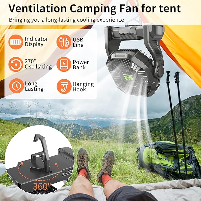 Rechargeable Portable Camping Fan for Tent with LED Light, 270°Pivot USB Personal Battery Powered Fan Outdoor Camping