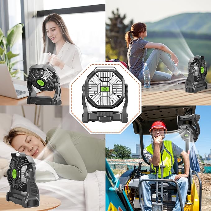 Rechargeable Portable Camping Fan for Tent with LED Light, 270°Pivot USB Personal Battery Powered Fan Outdoor Camping