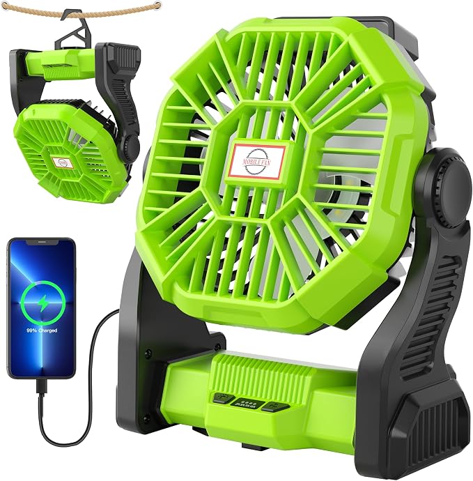 Rechargeable Portable Camping Fan for Tent with LED Light, 270°Pivot USB Personal Battery Powered Fan Outdoor Camping