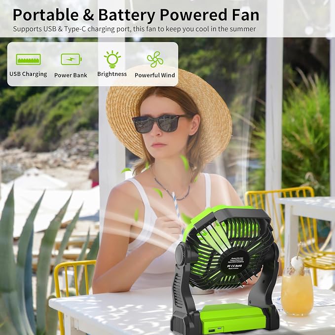 Rechargeable Portable Camping Fan for Tent with LED Light, 270°Pivot USB Personal Battery Powered Fan Outdoor Camping