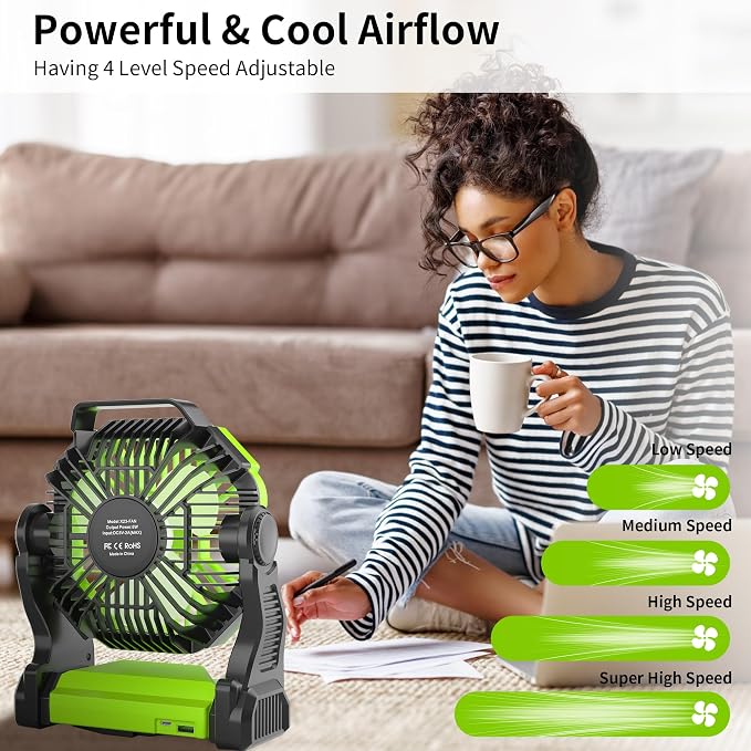 Rechargeable Portable Camping Fan for Tent with LED Light, 270°Pivot USB Personal Battery Powered Fan Outdoor Camping