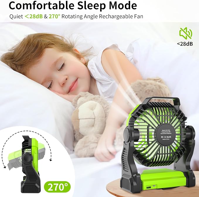 Rechargeable Portable Camping Fan for Tent with LED Light, 270°Pivot USB Personal Battery Powered Fan Outdoor Camping