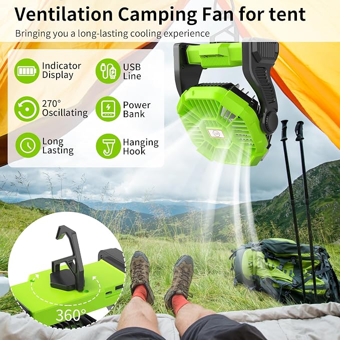 Rechargeable Portable Camping Fan for Tent with LED Light, 270°Pivot USB Personal Battery Powered Fan Outdoor Camping