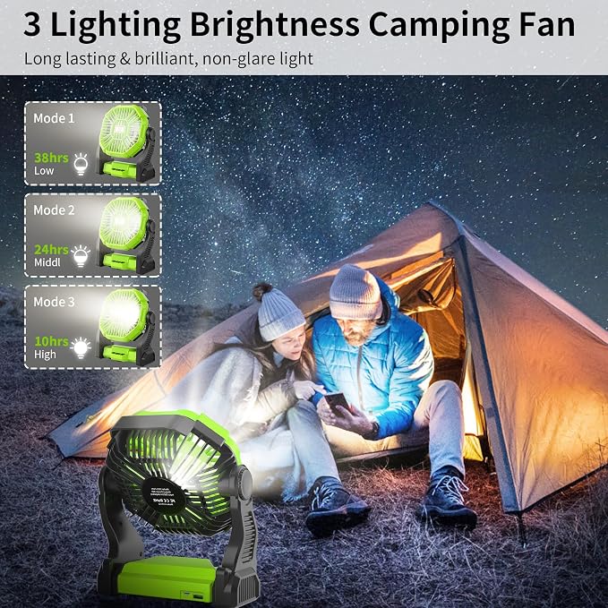 Rechargeable Portable Camping Fan for Tent with LED Light, 270°Pivot USB Personal Battery Powered Fan Outdoor Camping