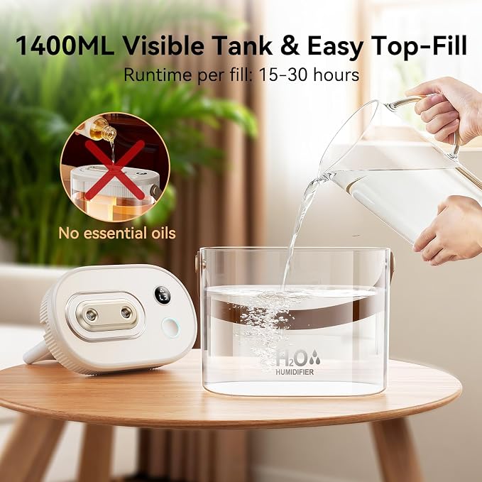 Rechargeable Portable Humidifier-Smart Display,Night Light,Easy Clean,1.4L Small Humidifiers for Bedroom Baby, alternate